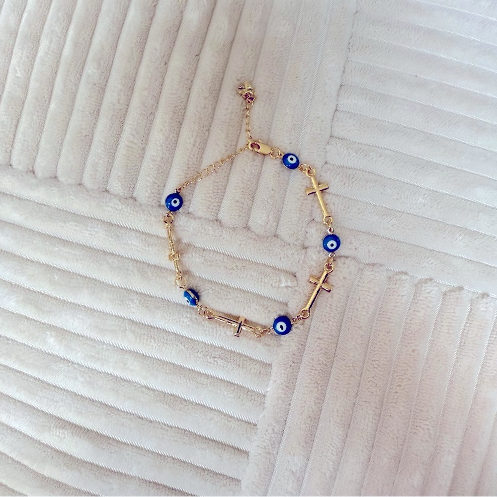 BLUE TURKISH EYE BRACELET AND CHRIST 18K GOLD LAMINATED